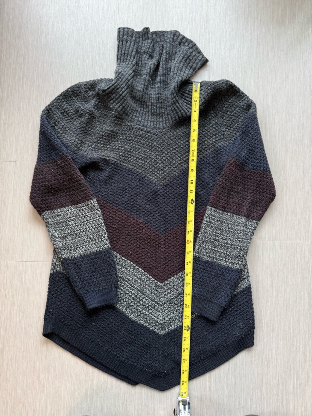 Striped Chevron Turtleneck Sweater - Gray, Navy & Burgundy cozy winter fall long
